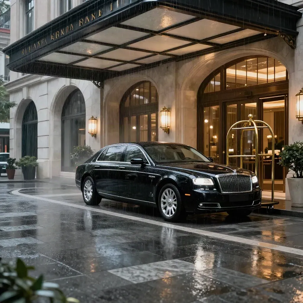 Ingresso di hotel di lusso bagnato dalla pioggia, auto nera e carrello bagagli in luce dorata