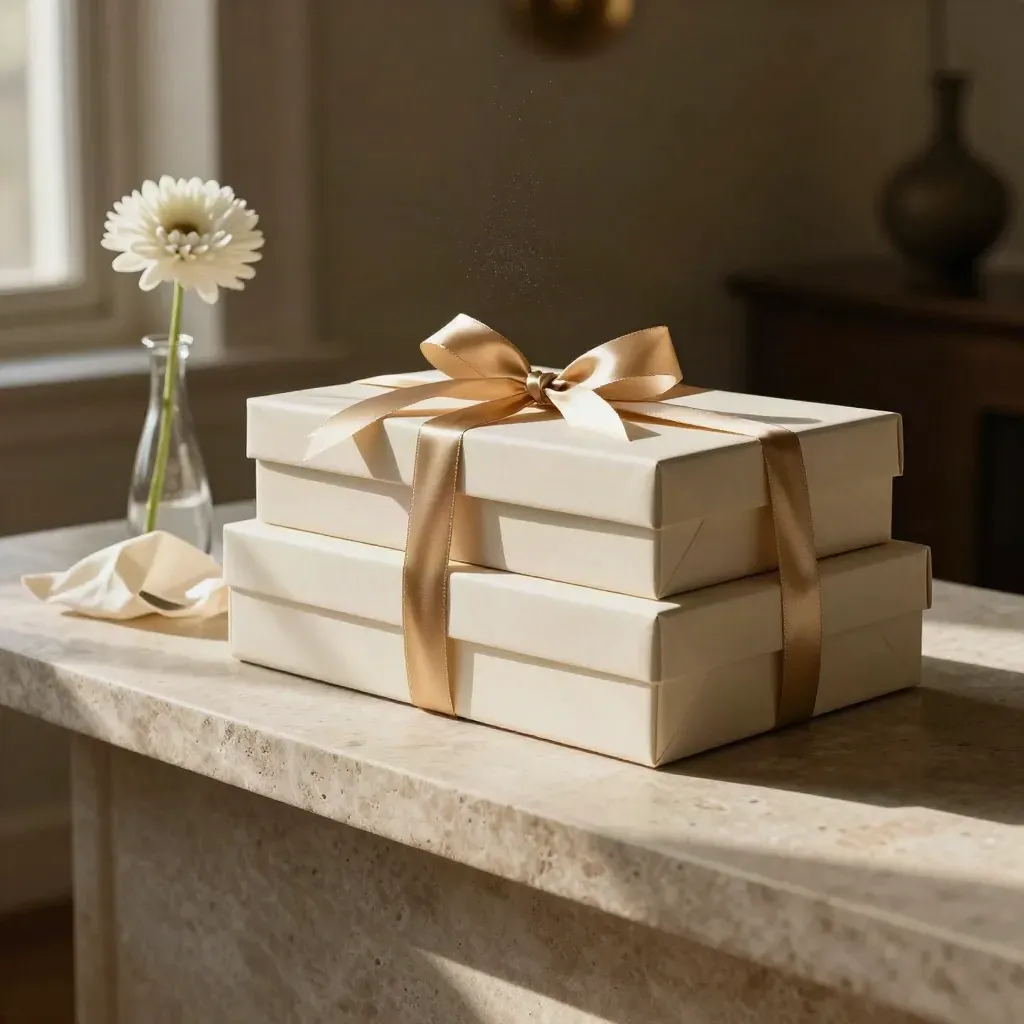 Scatole regalo avorio con nastro oro su consolle in pietra, con stelo floreale e luce pomeridiana.