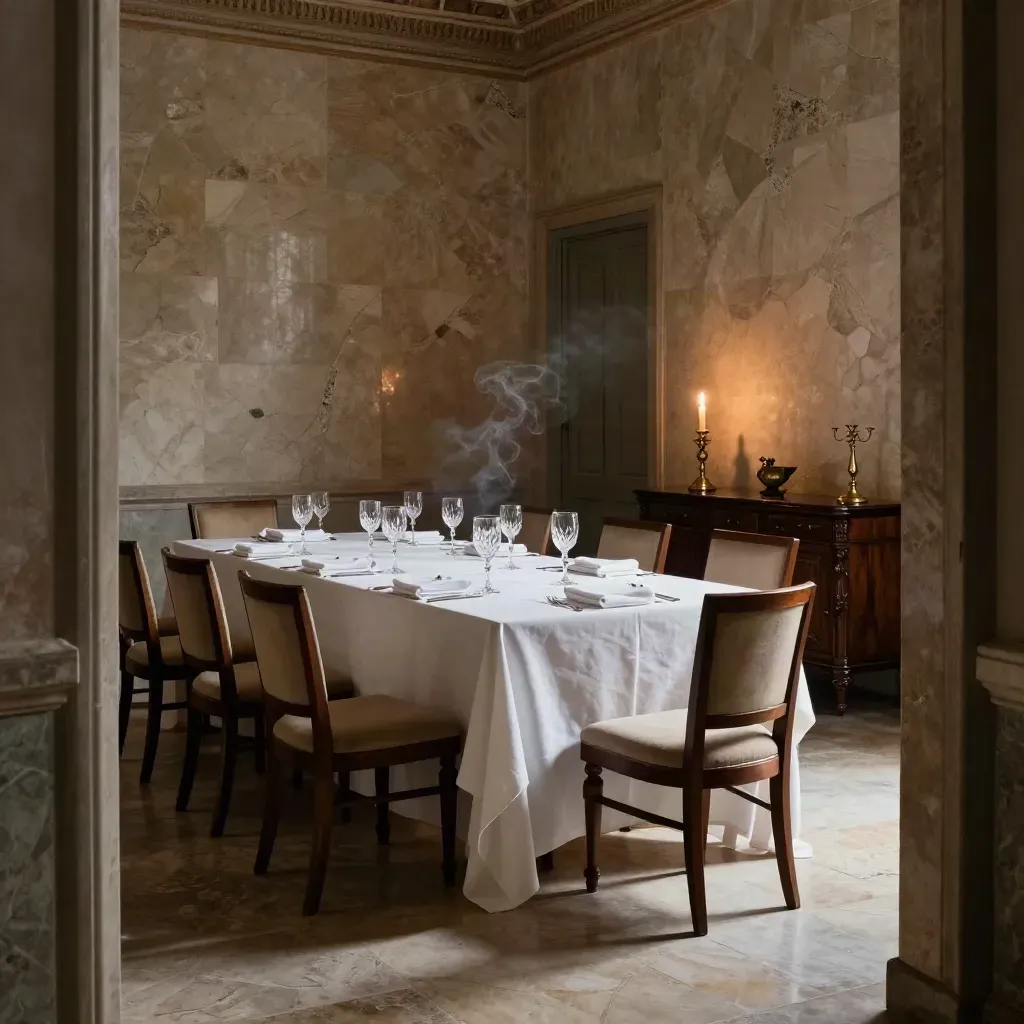 Sala da pranzo privata in un palazzo romano, tavolo per otto e candele accese.