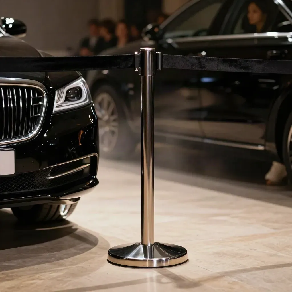 Zona front-row vuota con velluto, cromature e auto nera all’ingresso della sfilata.