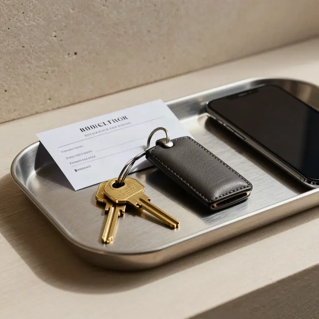 Chiavi in ottone, telefono e busta prenotazione in un vassoio elegante su legno chiaro.