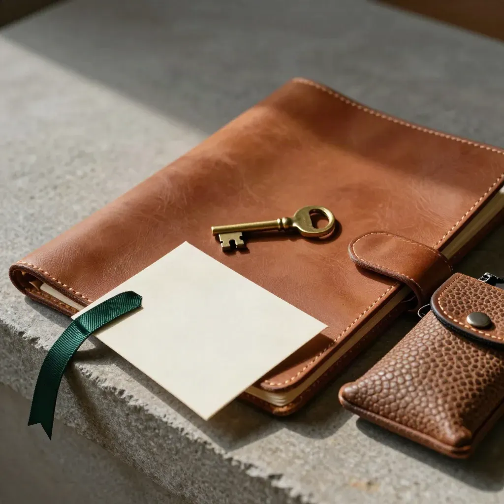Folio in pelle, chiave in ottone e astuccio con nastro su una mensola di pietra.
